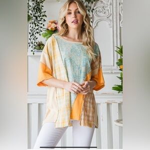 Oli & Hali Women’s S Mixed Fabric Patchwork Boho Hippie Oversize Top Blouse
